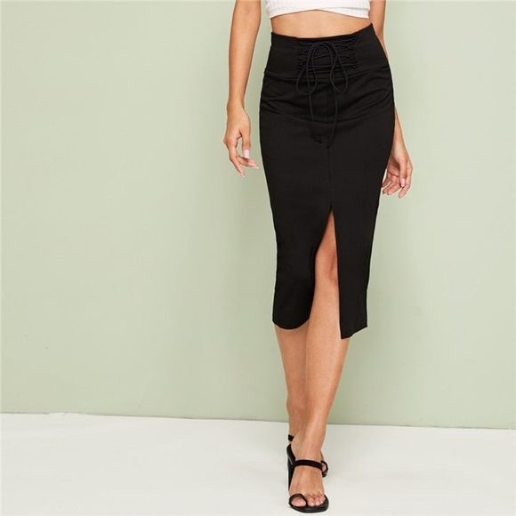 Lace Up Wide Waistband High Split Skirt - Picture 10 of 12